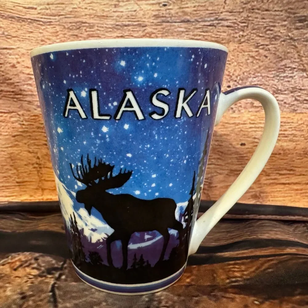 Alaska Moose Mug Blue White 15oz Ceramic Starry Night Mountains Souvenir